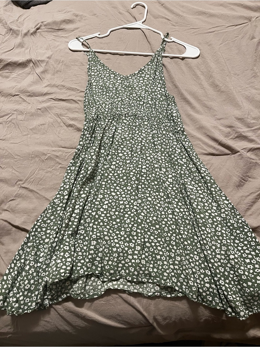 SHEIN Olive Green Mini Dress with White Floral Print